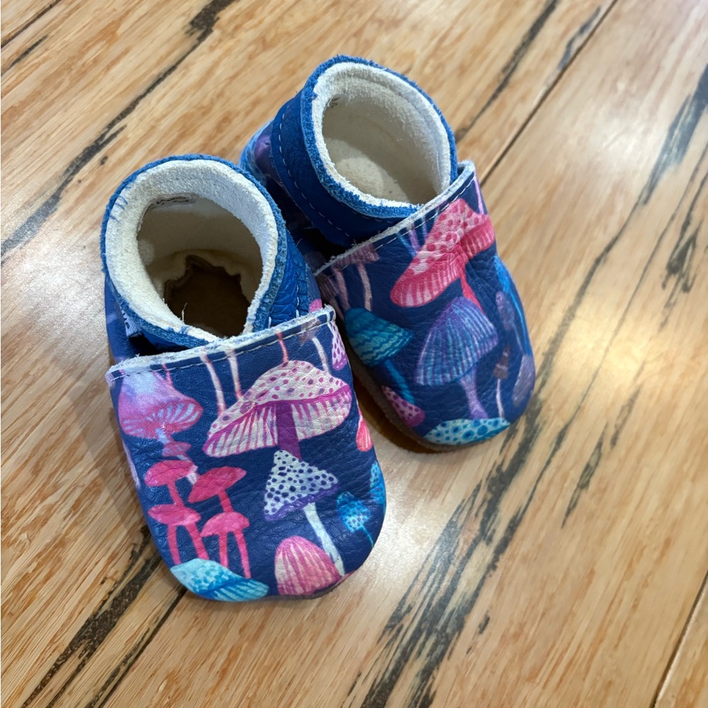 Blue and Pink Mushroom Print Kids Moccasins
